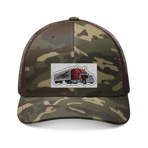 Camouflage Trucker Hat with Embroidered Red Semi Truck Patch