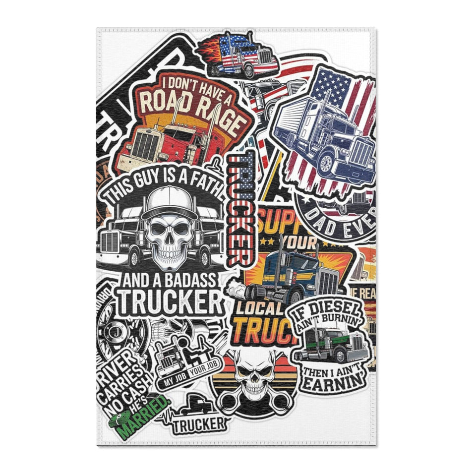 Trucker Patch Collage Area Rug — Vintage Semi Truck Stickers Design