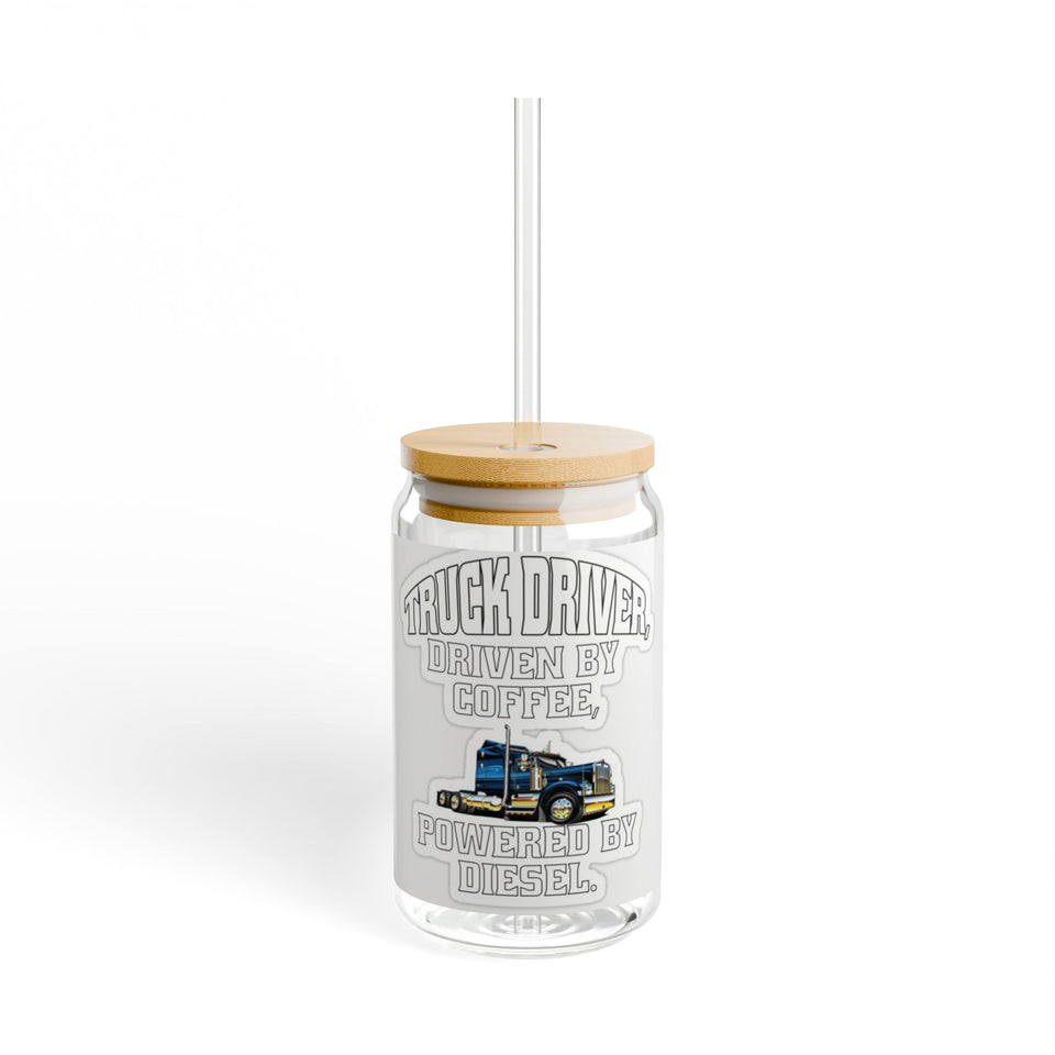 Truck Driver 16oz Sipper Glass – "Driven by Coffee, Powered by Diesel" Travel Tumbler