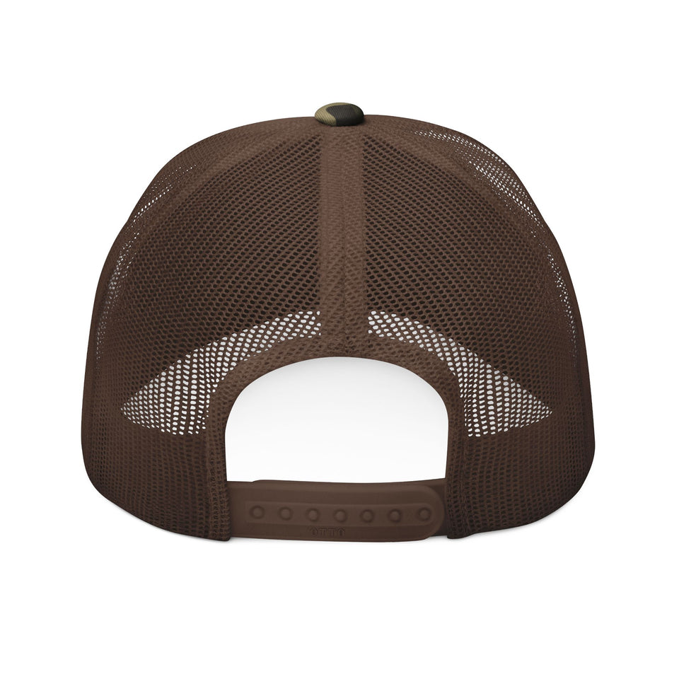 Camouflage Trucker Hat with Embroidered Red Semi Truck Patch