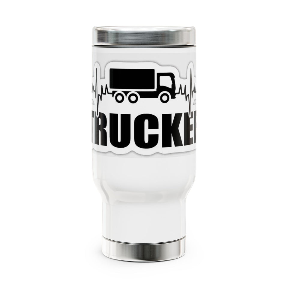 Trucker Heartbeat Stainless Steel Travel Mug – 14oz Insulated Coffee Tumbler with Handle