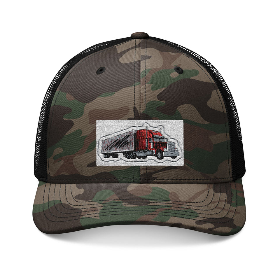 Camouflage Trucker Hat with Embroidered Red Semi Truck Patch
