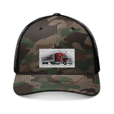 Camouflage Trucker Hat with Embroidered Red Semi Truck Patch