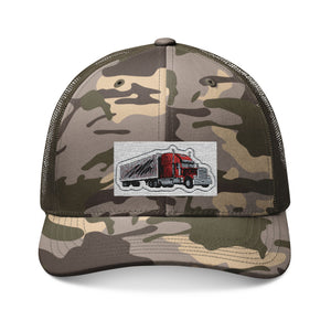 Camouflage Trucker Hat with Embroidered Red Semi Truck Patch