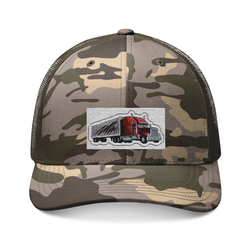 Camouflage Trucker Hat with Embroidered Red Semi Truck Patch
